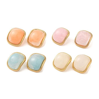 Square Resin Stud Earrings, Golden Tone 304 Stainless Steel Earrings for Women, Mixed Color, 28x24.5mm
