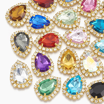 Acrylic Rhinestone Cabochons, with Brass Rhinestone Findings, Faceted, teardrop, Golden, Mixed Color, 25x19x6mm
