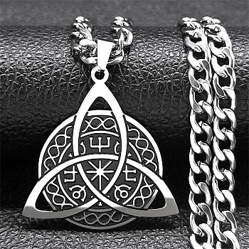 304 Stainless Steel Enamel Pendant Necklaces, Flat Round with Triquetra, Stainless Steel Color, 23.78 inch(60.4cm)