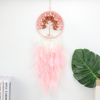 Wire Wrapped Natural Rose Quartz Chip Tree of Life Hanging Decoration, for Home Decoration, Woven Net/Web with Feather, 600x160mm