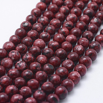 Natural Larvikite Beads Strands, Dyed, Round, Dark Red, 8~8.5mm, Hole: 1mm, about 47~49pcs/strand, 14.5 inch~14.9 inch(37~38cm)
