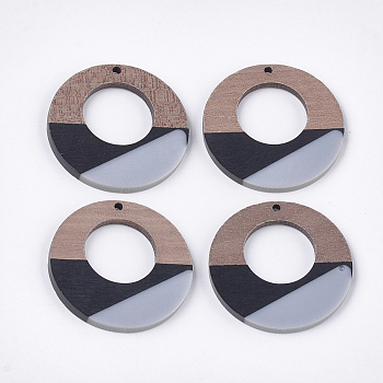 Tri-color Resin & Walnut Wood Pendants, Flat Round, Colorful, 38x3~3.5mm, Hole: 2mm