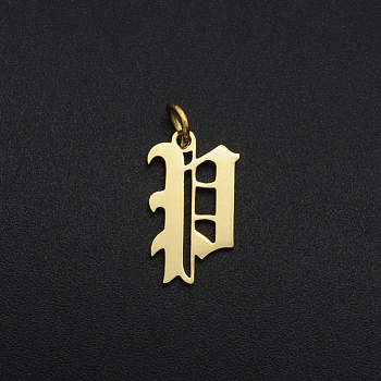 201 Stainless Steel Pendants, with Jump Ring, Old English, Letter, Laser Cut, Golden, Letter.P, 16x10x1mm, Hole: 3mm