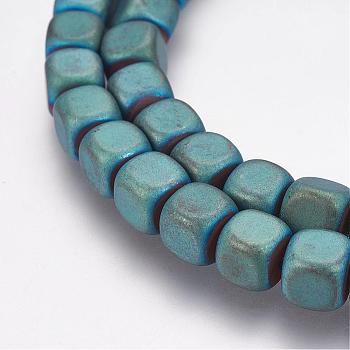 Non-Magnetic Synthetic Hematite Beads Strands, Vacuum Plating, Cube, Frosted, Green Plated, 6x6x6mm, Hole: 1mm, about 66pcs/strand, 15.7 inch(40cm)