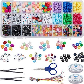 DIY Children Elastic Jewelry Set Kits, include Acrylic Beads & European Beads, Anti-static Tweezers, Stainless Steel Scissors, Elastic Crystal Thread, Elastic Cord, Mixed Color, 7mm, Hole: 0.5mm