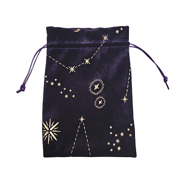 Hot Stamping Moon Star Velvet Storage Bags, Drawstring Pouches Packaging Bag, Rectangle, Indigo, 180x130mm