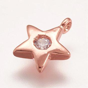 Brass Micro Pave Cubic Zirconia Charms, Star, Rose Gold, 8.5x7x2mm, Hole: 1mm