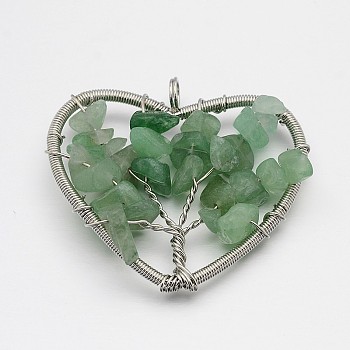 Brass Gemstone Pendants, Heart with Tree of Life, Platinum, 46~50x48~53x10mm, Hole: 5mm