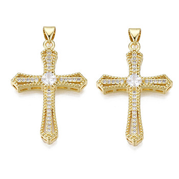 Brass Micro Pave Cubic Zirconia Pendants, with Brass Snap on Bails, Real 18K Gold Plated, Nickel Free, Cross, Clear, 35.5x24x5.5mm, Hole: 3x5mm