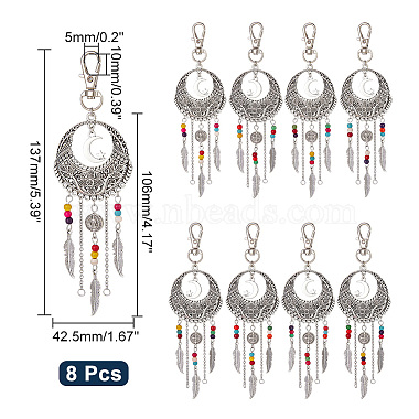 8Pcs Woven Net/Web with Feather Tibetan Style Alloy Pendant Decorations(HJEW-NB0001-89)-2