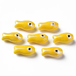 Handmade Porcelain Beads, Hand Painted Ceramic Beads, Famille Rose Style, Fish, Yellow, 19.5x10x8mm, Hole: 2mm(X-PORC-T007-06E)