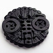 Carved Flat Round Natural Jade Big Pendants, Dyed, Black, 50~57x50~57x6~8mm, Hole: 2mm(G-L296-01)