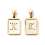 Ion Plating(IP) 304 Stainless Steel Pave Shell Pendants, Rectangle Charm, Real 18K Gold Plated, Letter K, 17.5x12x1.5mm, Hole: 3x5mm(STAS-G327-01G-K)