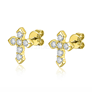 925 Sterling Silver Micro Pave Cubic Zirconia Stud Earrings, Cross, with 925 Stamp, Golden, 12x10mm(CN4447-2)