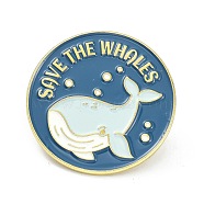 Save The Whales Alloy Enamel Brooches, Enamel Pin, Flat Round with Whale, Light Cyan, 26x10mm(ENAM-C001-10G)