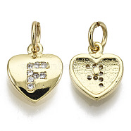 Brass Micro Pave Clear Cubic Zirconia Charms, with Jump Ring, Heart with Letter, Real 16K Gold Plated, Nickel Free, Letter.F, 10x9x2mm, Jump Ring: 5x1mm, 3mm inner diameter(KK-N227-34F-NF)