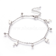 304 Stainless Steel Charm Anklets, Dolphin and Round, Stainless Steel Color, 9-1/4 inch(23.5cm), 2mm(AJEW-O028-03P)