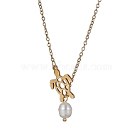 Natural Pearl & Hollow Turtle Lariat Necklaces, with Ion Plating(IP) 304 Stainless Steel Cable Chains, Golden, 24.57 inch(62.4cm)(NJEW-JN04528-01)