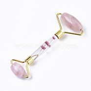 Natural Rose Quartz Massage Tools, Facial Rollers, with K9 Glass & Dried Flower Handle & Zinc Alloy Findings, Golden, 145x57x20.5mm(G-R466-01G)