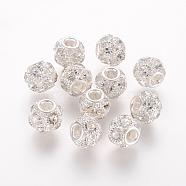 Brass Beads, with Grade A Rhinestone, Rondelle, Silver Color Plated, Crystal, 12x10mm, Hole: 4mm(RB-K050-12mm-A08)