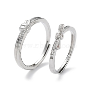 Valentine's Day Brass Pave Clear Cubic Zirconia Adjustable Couple Rings, Knot Finger Rings, Platinum, Inner Diameter: 19mm, 2pcs/set(RJEW-Z023-01A)