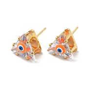 Glass Triangle with Enamel Evil Eye Stud Earrings, Real 18K Gold Plated Brass Jewelry for Women, Orange, 10.5x11mm, Pin: 0.8mm(EJEW-P210-01G-01)