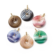 Natural Striped Agate/Banded Agate Pendants, with Real 18K Gold Plated Eco-Friendly Copper Wire Wrapped, Dyed, Donut/Pi Disc Charm with Heart, Mixed Color, 37.5~40x29.5x4mm, Hole: 3x6.5mm(PALLOY-JF01793)