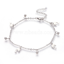 Tarnish Resistant 304 Stainless Steel Charm Anklets, Dolphin and Round, Stainless Steel Color, 9-1/4 inch(23.5cm), 2mm(AJEW-O028-03P)