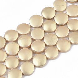 Shell Pearl Beads Strands, Spray Painted, Flat Round, Gold, 10.5x3.5mm, Hole: 0.8mm, about 34 pcs/Strand, 14.17 inch(36 cm)(SSHEL-R046-04D)