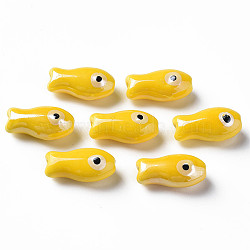 Handmade Porcelain Beads, Famille Rose Style, Fish, Yellow, 19.5x10x8mm, Hole: 2mm(X-PORC-T007-06E)