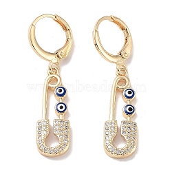 Real 18K Gold Plated Brass Dangle Leverback Earrings, with Enamel and Cubic Zirconia, Safety Pin with Evil Eye, Blue, 36.5x8mm(EJEW-L269-016G-06)