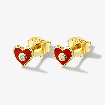 Heart Real 18K Gold Plated 925 Sterling Silver Micro Pave Cubic Zirconia Stud Earrings with Enamel, with S925 Stamp, Red, 13mm