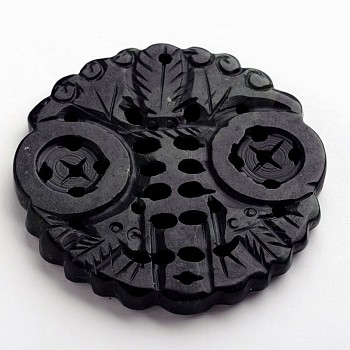 Carved Flat Round Natural Jade Big Pendants, Dyed, Black, 50~57x50~57x6~8mm, Hole: 2mm