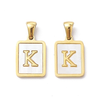 Ion Plating(IP) 304 Stainless Steel Pave Shell Pendants, Rectangle Charm, Real 18K Gold Plated, Letter K, 17.5x12x1.5mm, Hole: 3x5mm