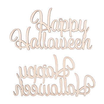 Word Happy Halloween Blank Wooden Cutouts Ornaments, for Halloween Hanging Decoration, Kids Crafts DIY Party Supplies, BurlyWood, 56x108x2mm, Hole: 2.5mm, Rope: 320x1mm