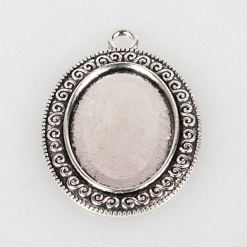 Tibetan Style Alloy Pendant Cabochon Settings, Cadmium Free & Lead Free, Oval, Antique Silver, Tray: 18x25mm, 39x28x2mm, Hole: 3mm, about 200pcs/kg