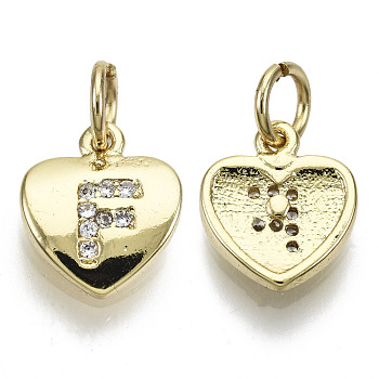 Brass Micro Pave Clear Cubic Zirconia Charms, with Jump Ring, Heart with Letter, Real 16K Gold Plated, Nickel Free, Letter.F, 10x9x2mm, Jump Ring: 5x1mm, 3mm inner diameter