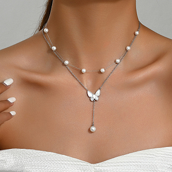 Double-layer Imitation Pearl Necklaces, Butterfly Pendant Necklaces for Women