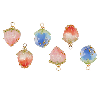 6Pcs 3 Colors Handmade Flower Epoxy Resin Pendants, with Brass Peg Bails and Glass Micro Beads, Bud, Golden, Mixed Color, 14~15x9~10x9~10mm, Hole: 1.2mm, 2pcs/color