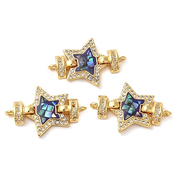 Rack Plating Brass Micro Pave Cubic Zirconia Star Connector Charms, with Enamel & Shell, Real 18K Gold Plated, Long-Lasting Plated, Lead Free & Cadmium Free, Indigo, 16x24x4mm, Hole: 1.4mm