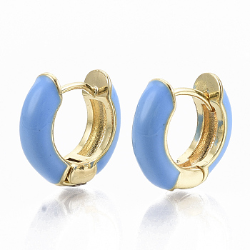 Brass Huggie Hoop Earrings, with Enamel, Real 18K Gold Plated, Deep Sky Blue, 14x15x5mm, Pin: 1x1mm