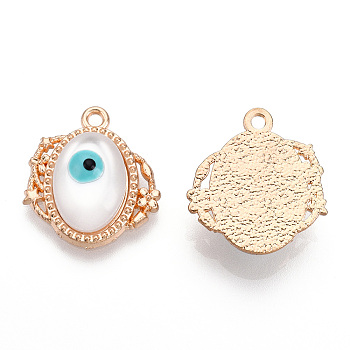 Rack Plating Alloy Resin Pendants, Evil Eye Oval Charms, with Enamel, Light Gold, Cadmium Free & Nickel Free & Lead Free, White, 20.5x19x6mm, Hole: 1.8mm