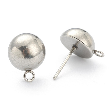 202 Stainless Steel Stud Earring Findings, with Loop, Half Round, Stainless Steel Color, 12.5x10mm, Hole: 1.5mm, Pin: 0.8mm