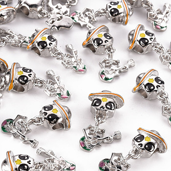 Alloy Enamel Dangle European Beads, Large Hole Beads, Cadmium Free & Lead Free, Platinum, Skull with Guitar, Yellow, 27mm, Hole: 4mm