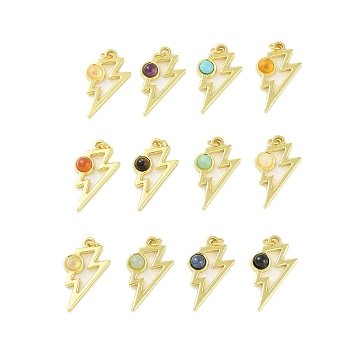 Natural & Synthetic Mixed Gemstone Pendants, 304 Stainless Steel Lightning Bolt Charms with Jump Rings, Real 18K Gold Plated, 23x14x3.5mm, Hole: 2.5mm