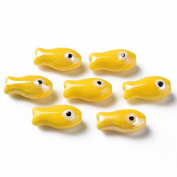 Handmade Porcelain Beads, Famille Rose Style, Fish, Yellow, 19.5x10x8mm, Hole: 2mm