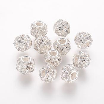 Brass Beads, with Grade A Rhinestone, Rondelle, Silver Color Plated, Crystal, 12x10mm, Hole: 4mm