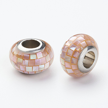 304 Stainless Steel Resin European Beads, with Shell and Enamel, Rondelle, Large Hole Beads, Light Salmon, 12x8mm, Hole: 5mm