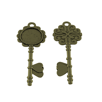 Tibetan Style Alloy Pendant Cabochon Settings, Flower Shaped Key, Cadmium Free & Lead Free, Antique Bronze, Tray: 20mm, 72x28.5x2.5mm, Hole: 4mm, about 148pcs/1000g