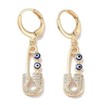 Real 18K Gold Plated Brass Dangle Leverback Earrings, with Enamel and Cubic Zirconia, Safety Pin with Evil Eye, Blue, 36.5x8mm